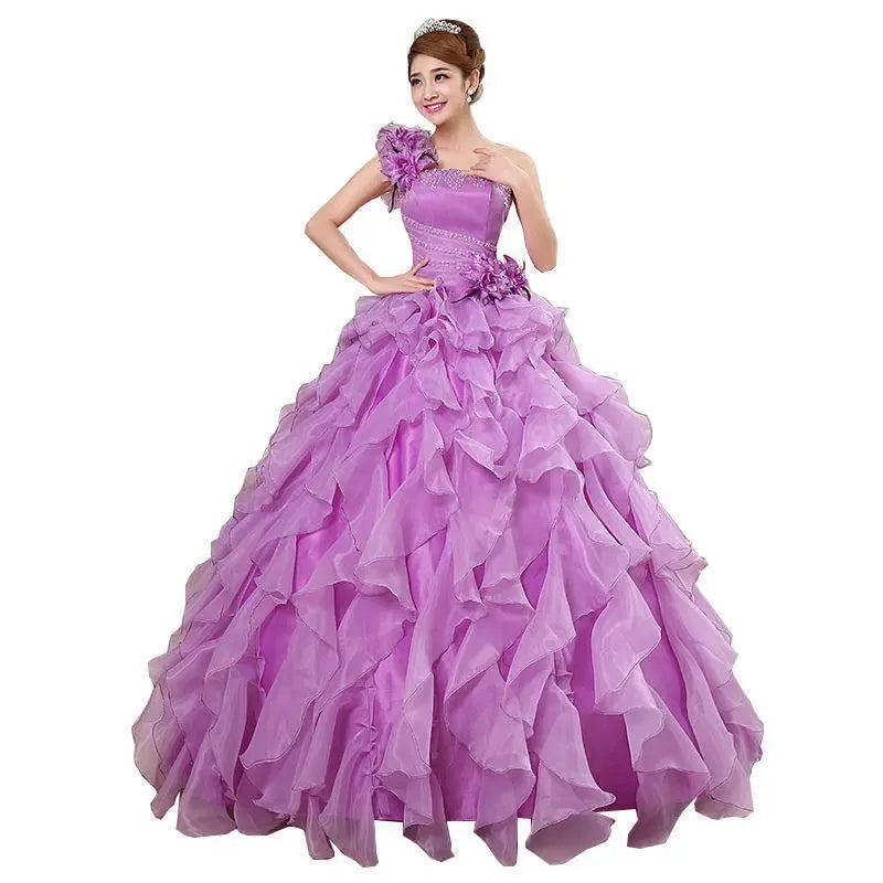 Luxury One-Shoulder Quinceanera Ball Gown - Crystal & Floral Embellished