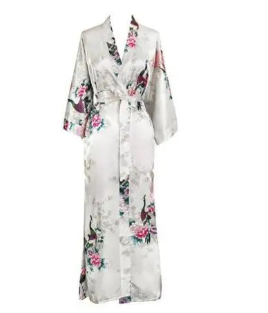Luxurious Silk Peacock Kimono Robe - Women's Floral Print Bathrobe