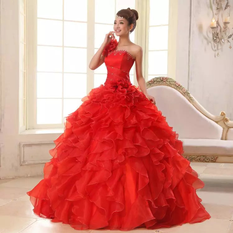Luxury One-Shoulder Quinceanera Ball Gown - Crystal & Floral Embellished