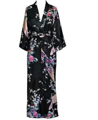 Luxurious Silk Peacock Kimono Robe - Women's Floral Print Bathrobe
