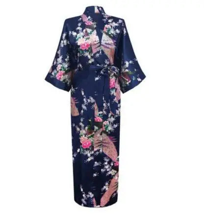 Luxurious Silk Peacock Kimono Robe - Women's Floral Print Bathrobe