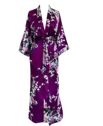 Luxurious Silk Peacock Kimono Robe - Women's Floral Print Bathrobe