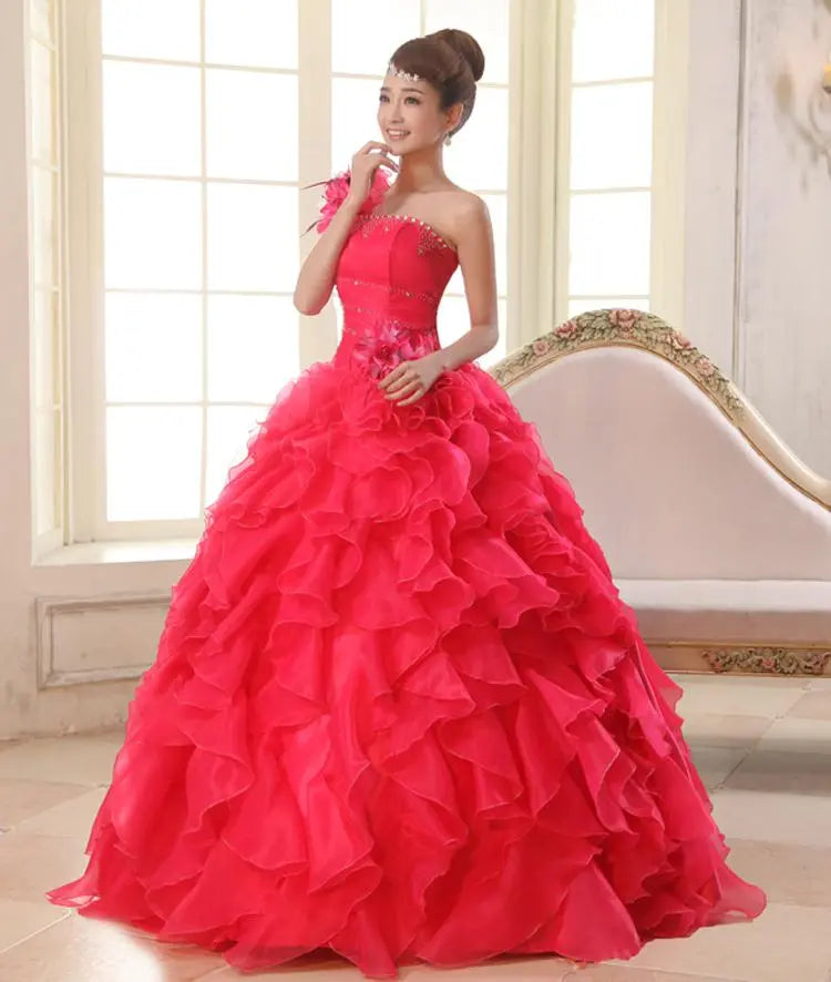 Luxury One-Shoulder Quinceanera Ball Gown - Crystal & Floral Embellished