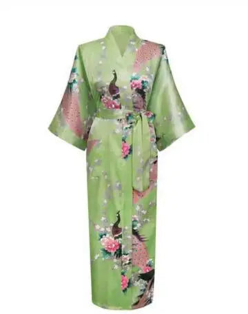 Luxurious Silk Peacock Kimono Robe - Women's Floral Print Bathrobe