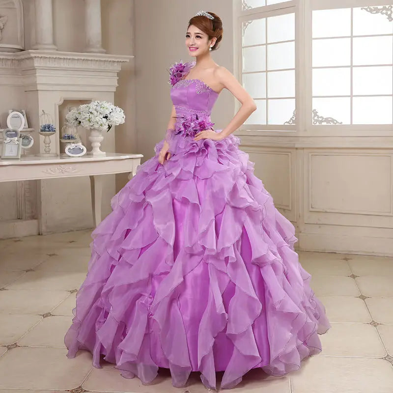 Luxury One-Shoulder Quinceanera Ball Gown - Crystal & Floral Embellished