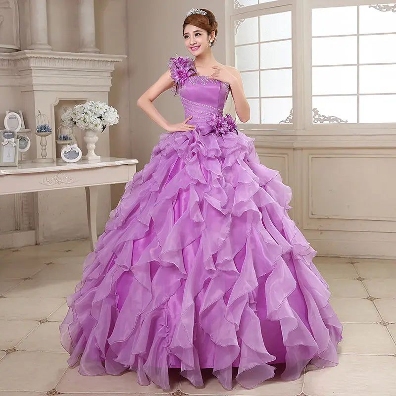 Luxury One-Shoulder Quinceanera Ball Gown - Crystal & Floral Embellished