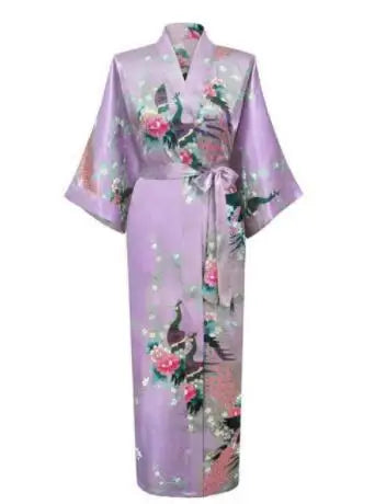 Luxurious Silk Peacock Kimono Robe - Women's Floral Print Bathrobe