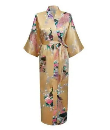 Luxurious Silk Peacock Kimono Robe - Women's Floral Print Bathrobe