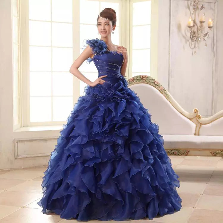 Luxury One-Shoulder Quinceanera Ball Gown - Crystal & Floral Embellished