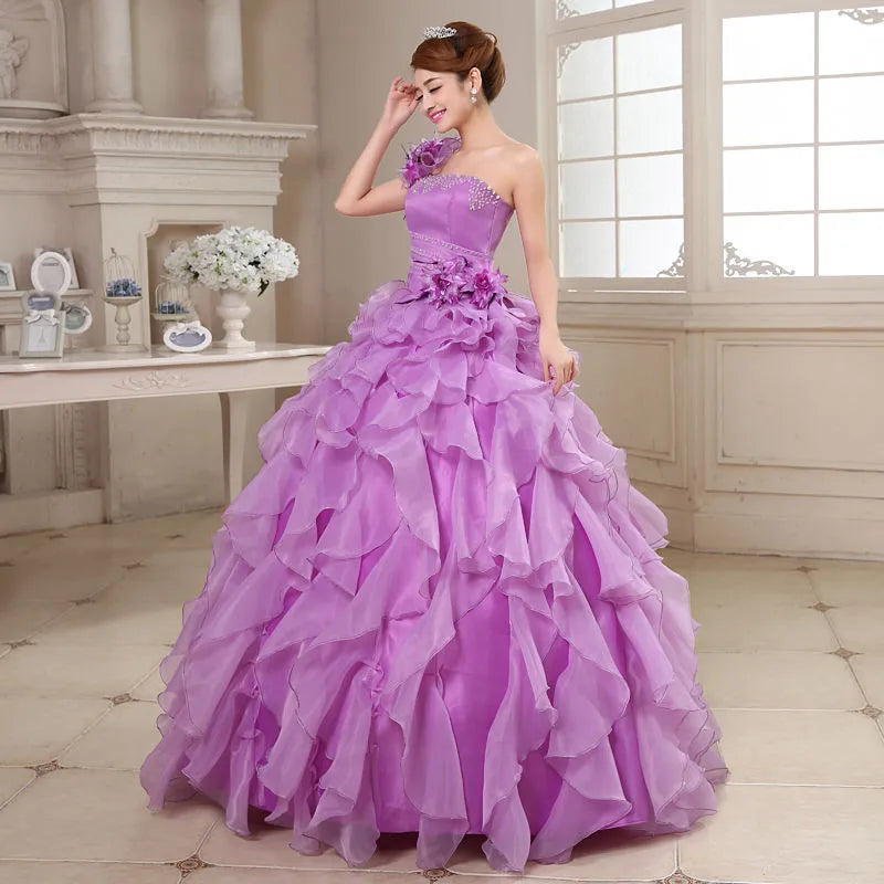Luxury One-Shoulder Quinceanera Ball Gown - Crystal & Floral Embellished