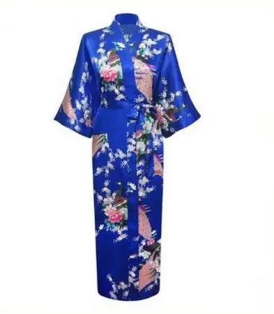 Luxurious Silk Peacock Kimono Robe - Women's Floral Print Bathrobe