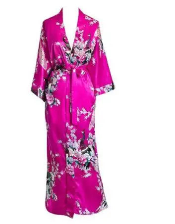 Luxurious Silk Peacock Kimono Robe - Women's Floral Print Bathrobe