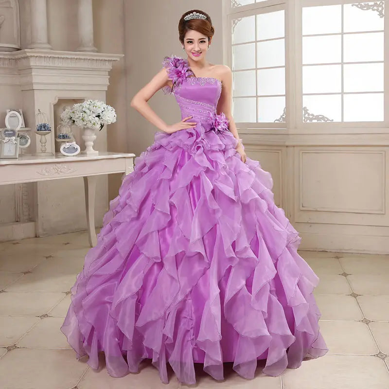 Luxury One-Shoulder Quinceanera Ball Gown - Crystal & Floral Embellished
