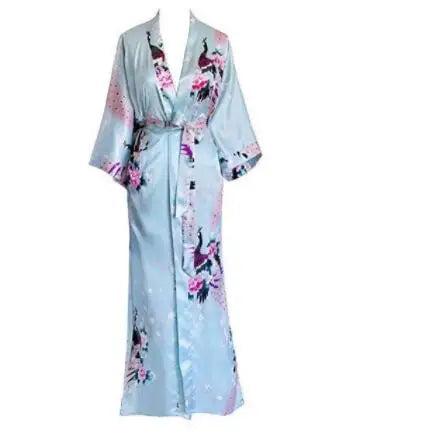 Luxurious Silk Peacock Kimono Robe - Women's Floral Print Bathrobe