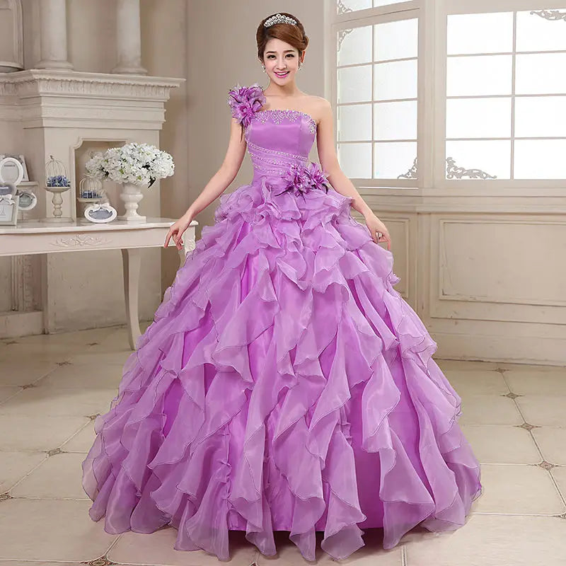 Luxury One-Shoulder Quinceanera Ball Gown - Crystal & Floral Embellished