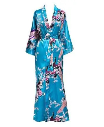 Luxurious Silk Peacock Kimono Robe - Women's Floral Print Bathrobe