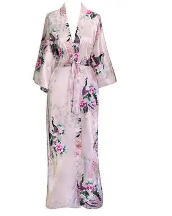 Luxurious Silk Peacock Kimono Robe - Women's Floral Print Bathrobe