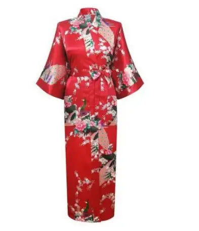 Luxurious Silk Peacock Kimono Robe - Women's Floral Print Bathrobe