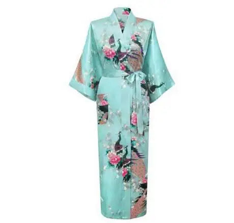 Luxurious Silk Peacock Kimono Robe - Women's Floral Print Bathrobe