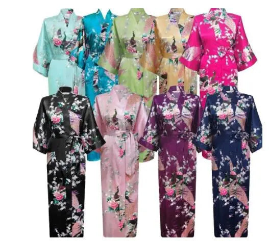 Luxurious Silk Peacock Kimono Robe - Women's Floral Print Bathrobe