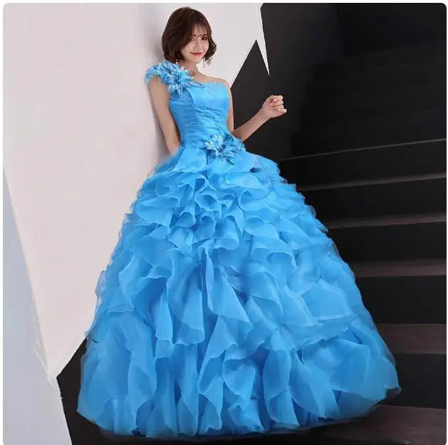 Luxury One-Shoulder Quinceanera Ball Gown - Crystal & Floral Embellished