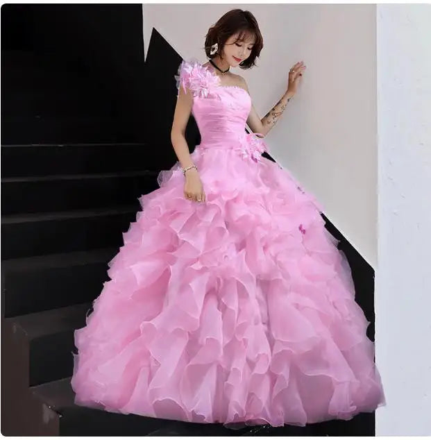 Luxury One-Shoulder Quinceanera Ball Gown - Crystal & Floral Embellished