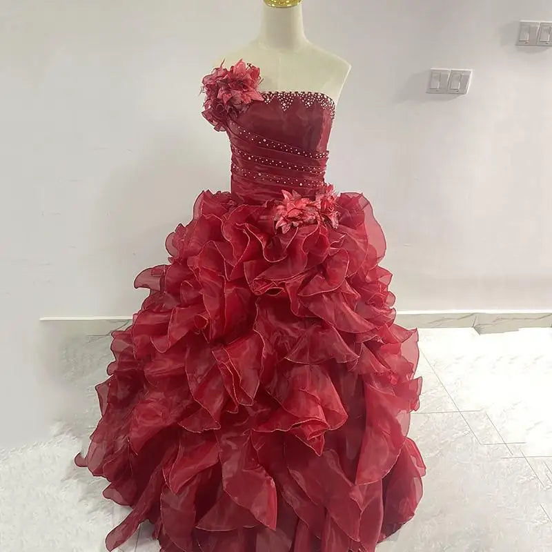 Luxury One-Shoulder Quinceanera Ball Gown - Crystal & Floral Embellished