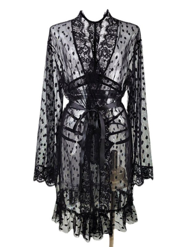 Women's Polka Dot Mesh Nightgown Three-Piece Set - Elegant Sleepwear