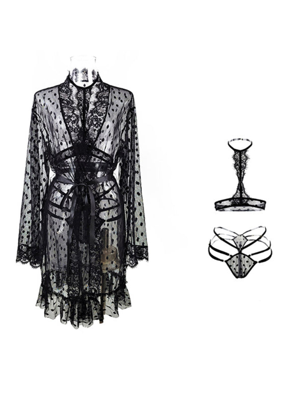 Women's Polka Dot Mesh Nightgown Three-Piece Set - Elegant Sleepwear