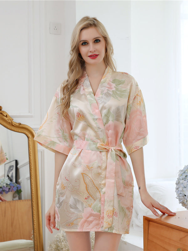 Women's Floral Three Quarter Sleeve Robe - Elegant Loungewear
