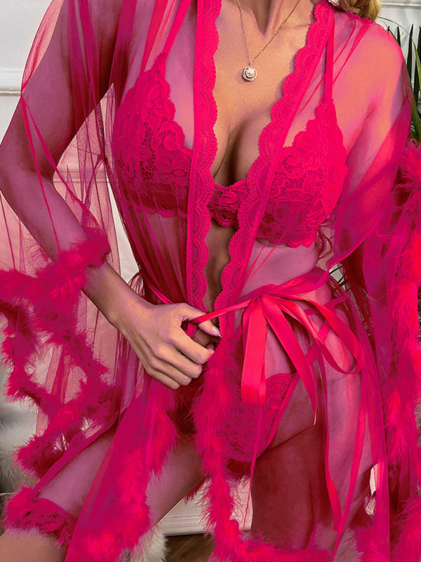 Sexy Mesh Feather Nightgown - Sheer See-Through Lingerie