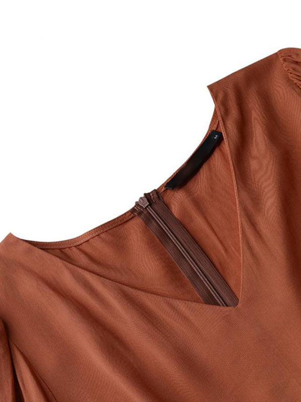 Autumn Swing Dress - Elegant Long Sleeve Flowy Midi Dress