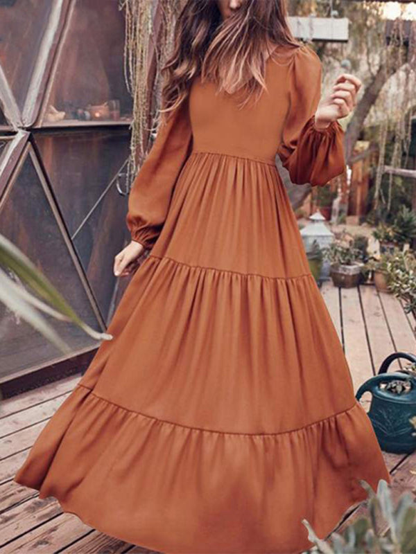 Autumn Swing Dress - Elegant Long Sleeve Flowy Midi Dress
