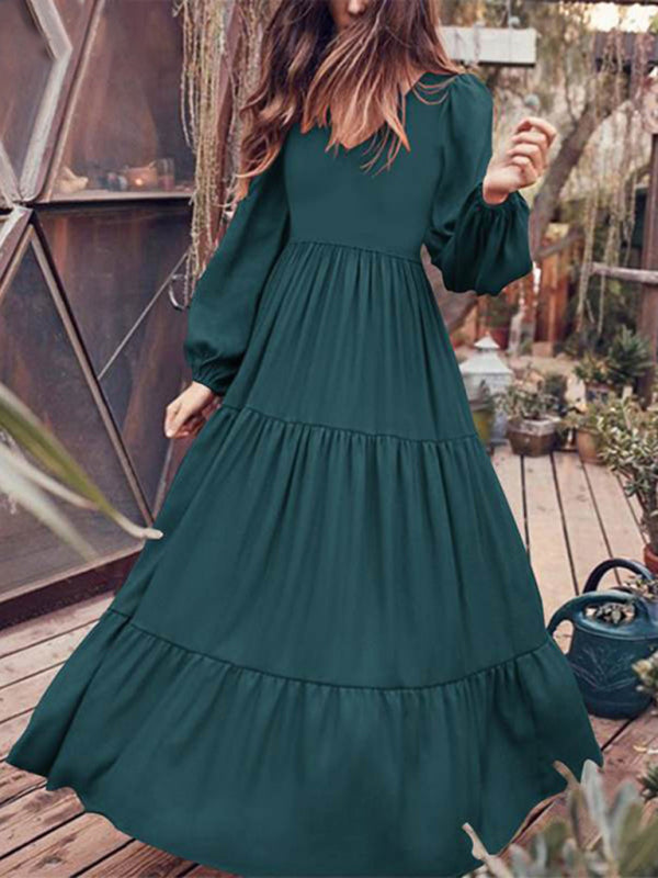 Autumn Swing Dress - Elegant Long Sleeve Flowy Midi Dress