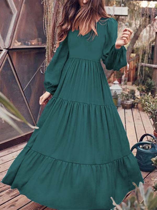 Autumn Swing Dress - Elegant Long Sleeve Flowy Midi Dress