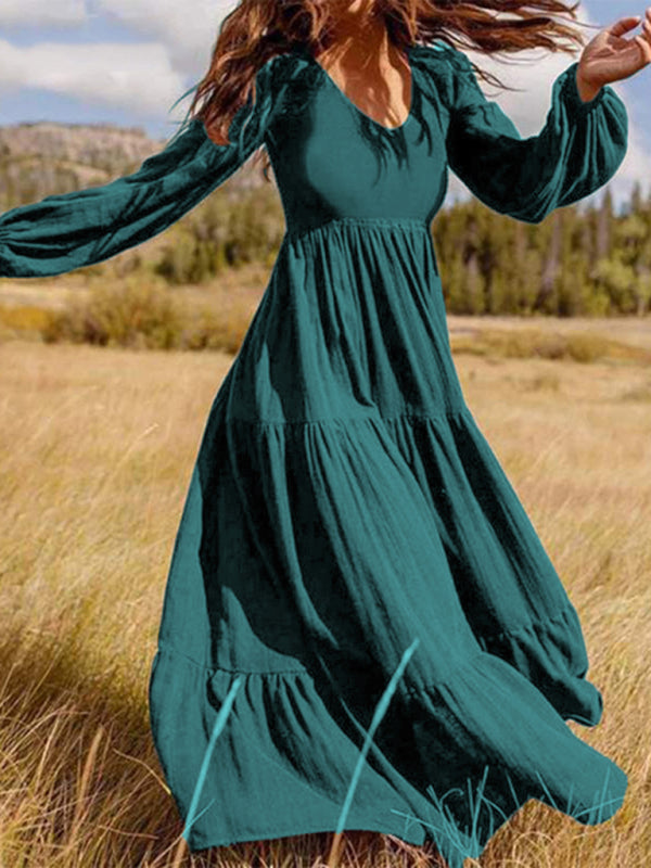 Autumn Swing Dress - Elegant Long Sleeve Flowy Midi Dress