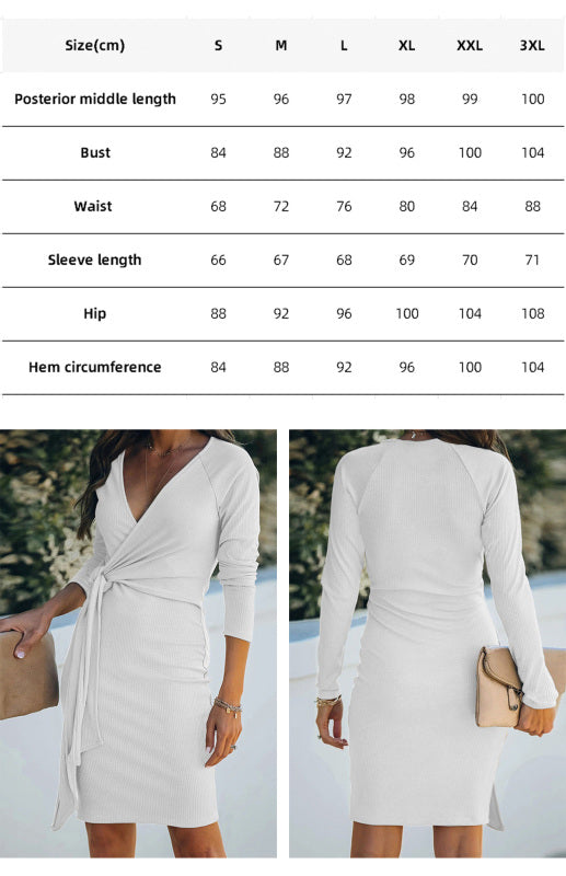 V-Neck Ribbed Belt Dress - Elegant Fitted Midi Dress