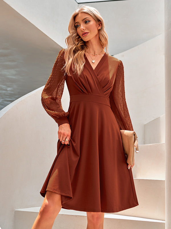 V-Neck Jacquard Dress - Elegant Textured Solid Colour Dress