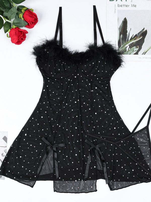 Glamorous Diamond Feather Mesh Dress - Two Piece Evening Set