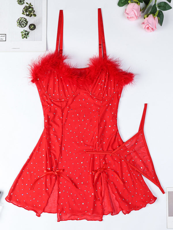 Glamorous Diamond Feather Mesh Dress - Two Piece Evening Set