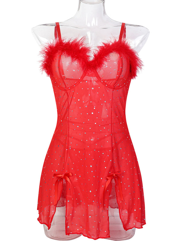 Glamorous Diamond Feather Mesh Dress - Two Piece Evening Set