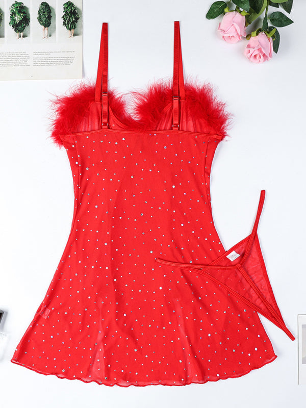 Glamorous Diamond Feather Mesh Dress - Two Piece Evening Set