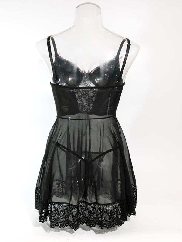 Lace Bow Ribbon Nightgown Set - Two Piece Lingerie Dress