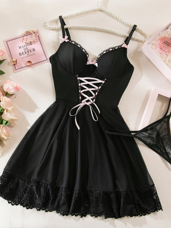 Lace Bow Ribbon Nightgown Set - Two Piece Lingerie Dress
