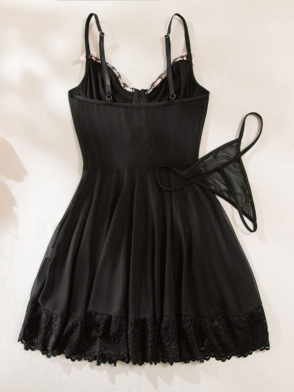 Lace Bow Ribbon Nightgown Set - Two Piece Lingerie Dress